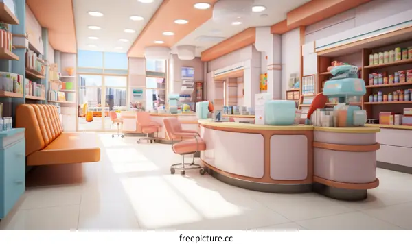 Interior View of a Pharmacy with Counter and Shelves and Waiting Area