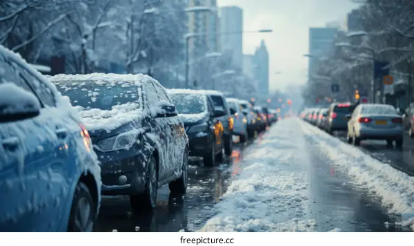 Snowy Cars Parked on a City Street