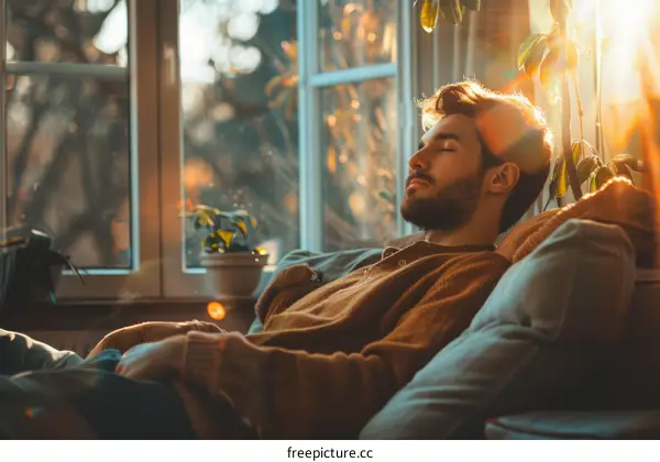 Man taking a nap on couch by the window