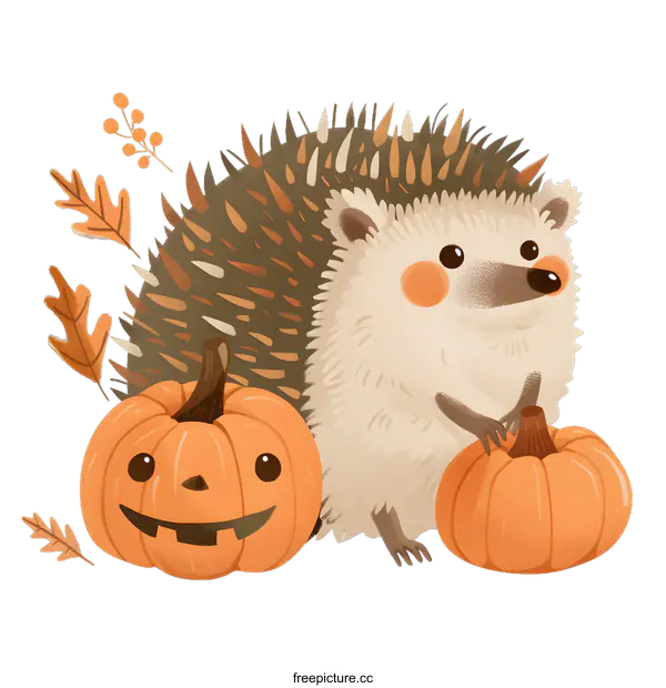 [Transparent Background PNG]Cute Hedgehog With Pumpkins Illustration