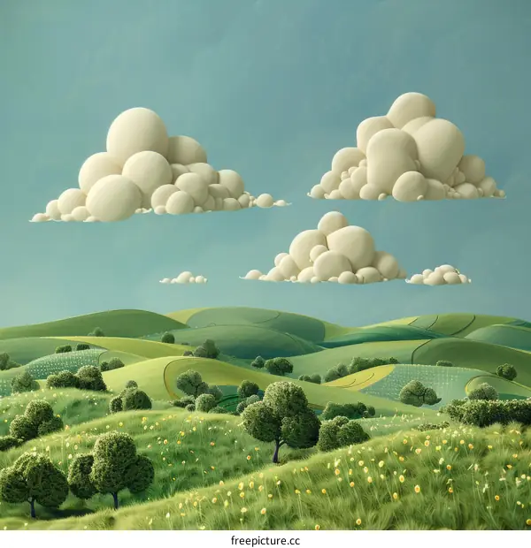 Idyllic Green Hills with Fluffy White Clouds