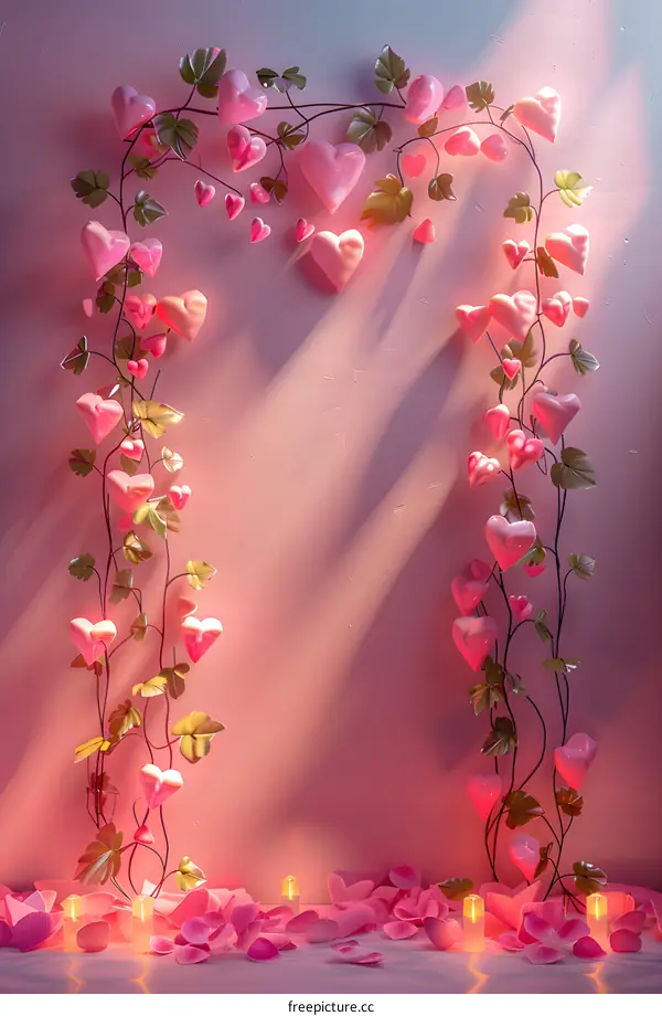 Pink heart-shaped balloons arranged in the shape of a heart with green leaves.