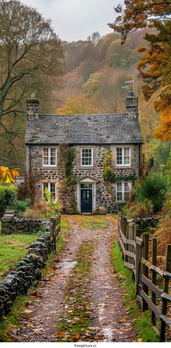 Stone cottage in the Autumn woods with a pathway leading to it