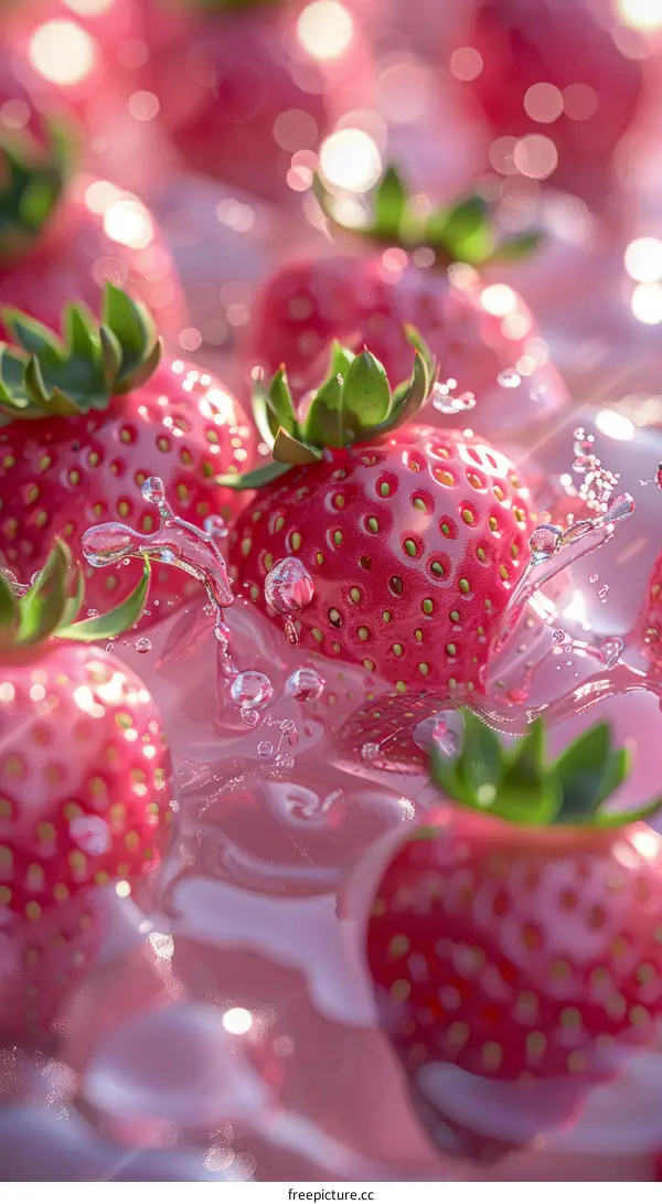 Close-up of strawberries in water with a pink background