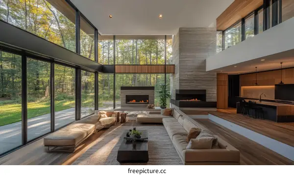 Modern Living Room with Large Windows and Wood Accents