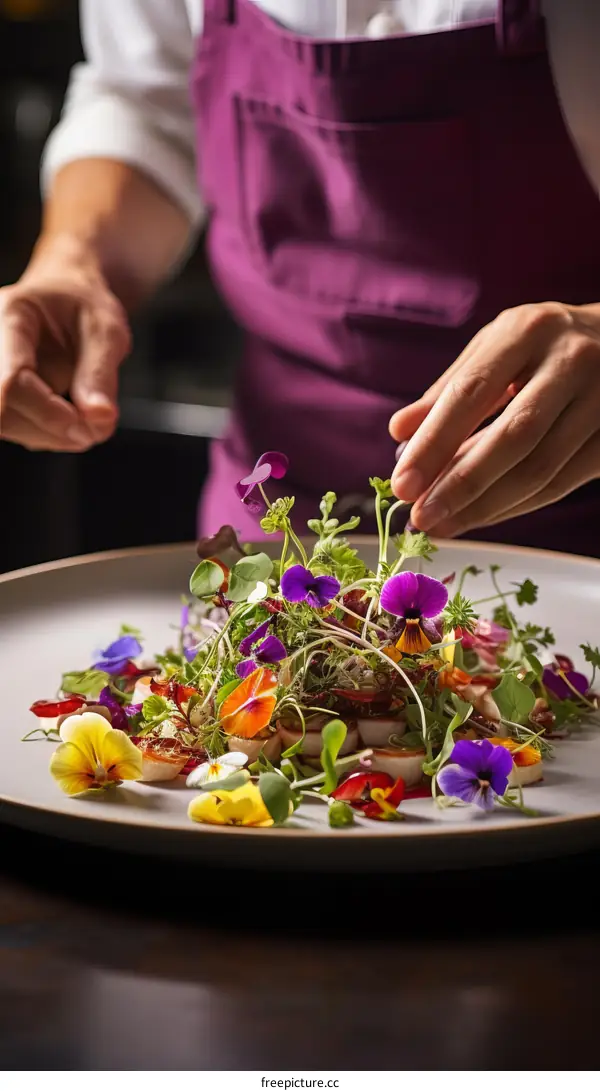 Chef carefully plating a dish of gourmet food