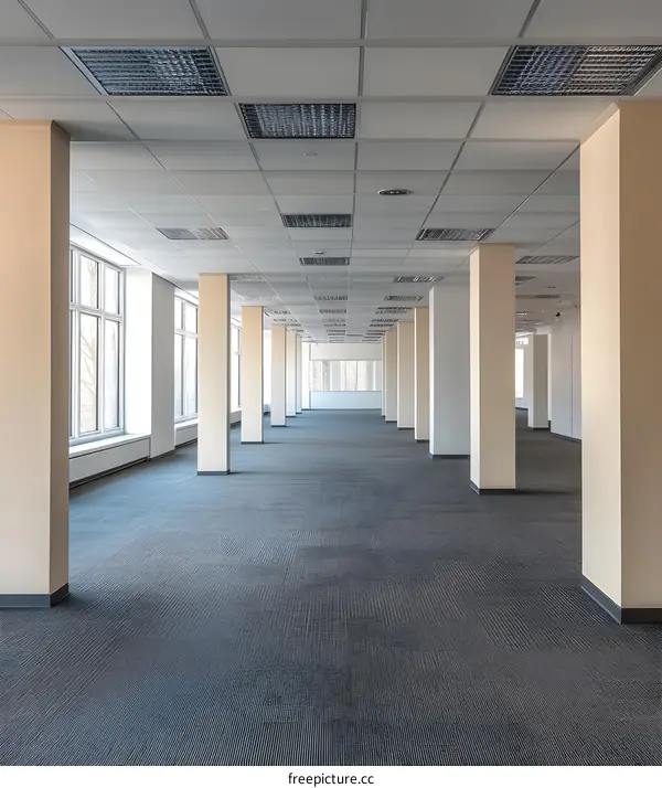 Empty Office Space with Beige Walls and Grey Carpet