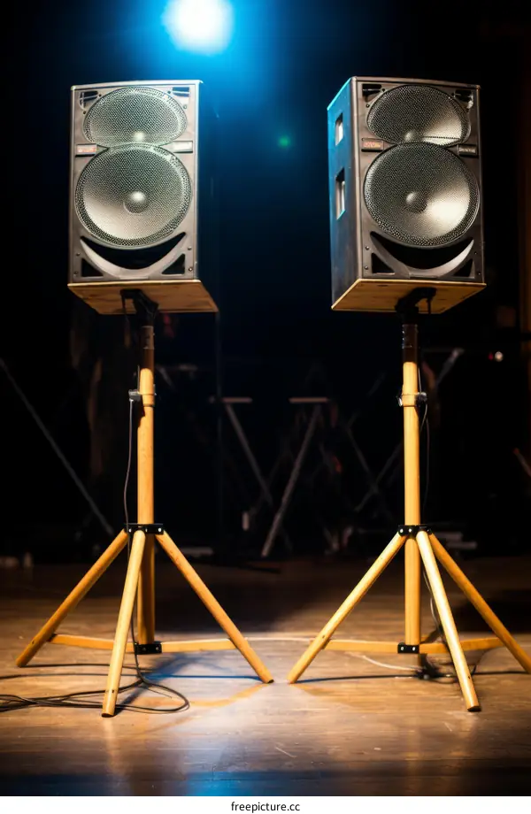 Two speakers on stage with a spotlight in the background