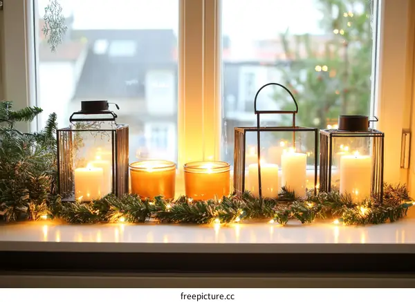 Cozy Christmas Window Decor with Lanterns and Candles