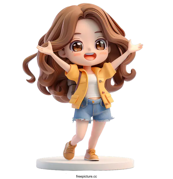 [Transparent Background PNG]Cute Cartoon Girl with Backpack Raising Hands in Yellow Shirt