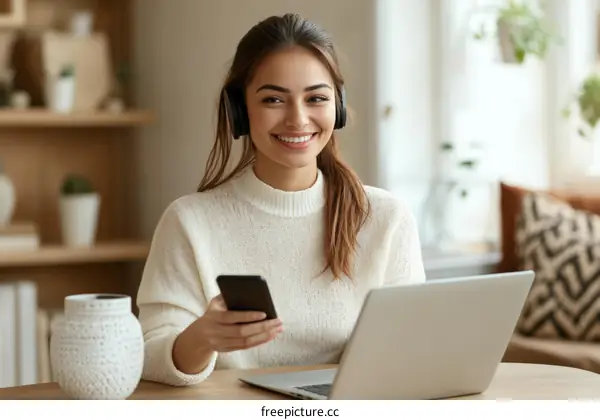 Smiling Woman Working From Home with Headphones and Laptop