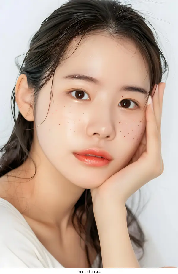 Portrait of Young Woman with Freckles Looking at Camera