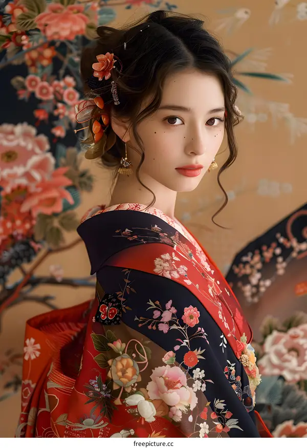 Woman in Traditional Japanese Kimono with Floral Pattern