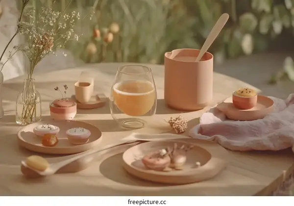 Aesthetic Minimalist Still Life with Coffee and Dessert on Wooden Table