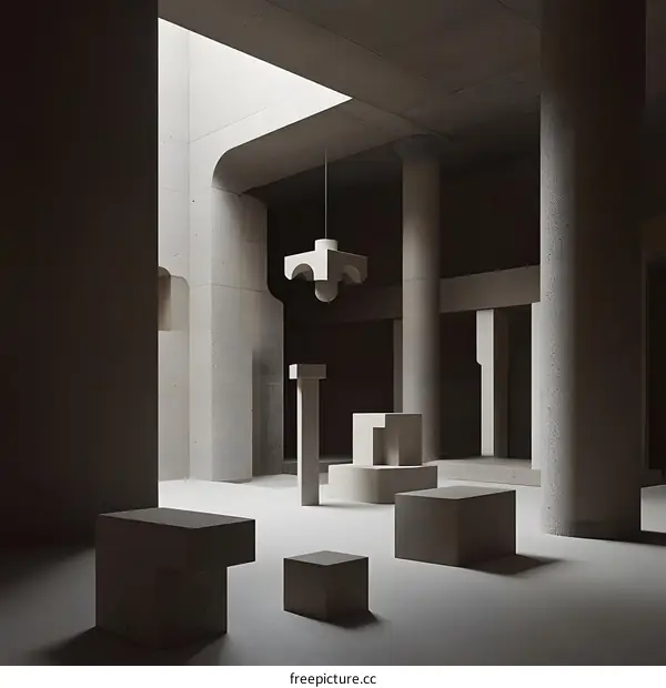 Abstract Minimalist Interior Design with Concrete Columns and Geometric Shapes
