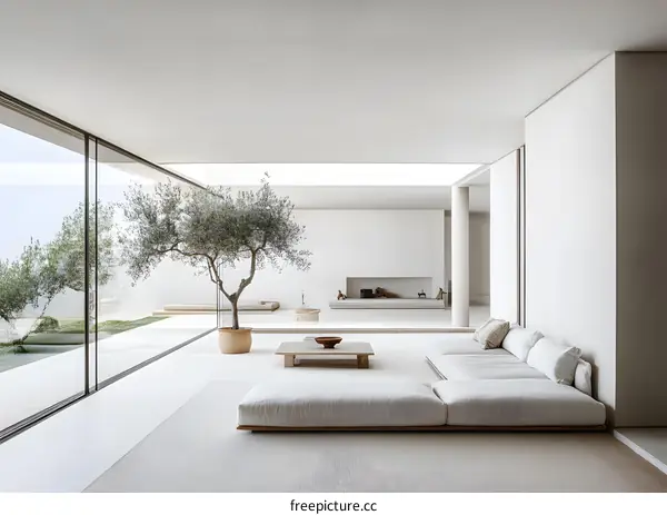Minimalist Modern Living Room with White Sofa and Olive Tree