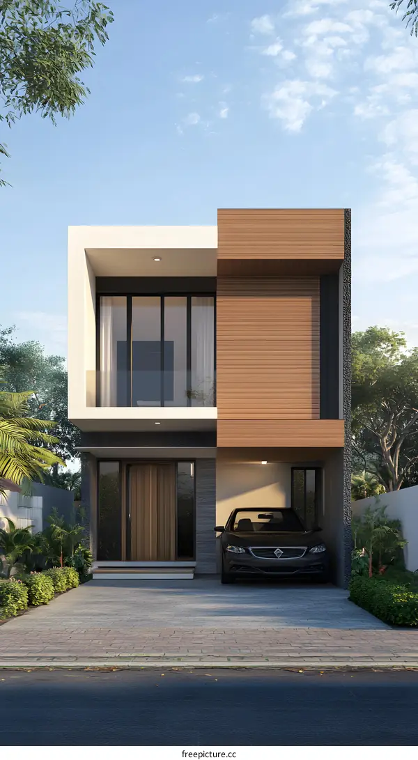 Modern Two Story Home Design with Wooden Facade