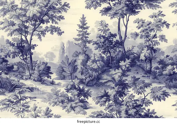 Blue and white toile de Jouy wallpaper with hunting scene