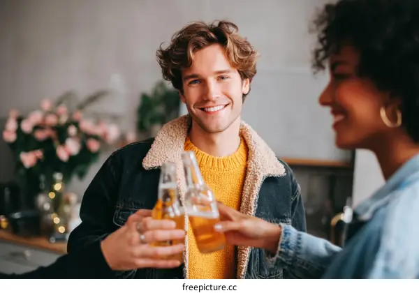 Two friends toasting with beers in a cozy kitchen