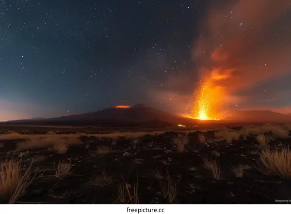 Etna volcano eruption at night in Sicily, Italy
