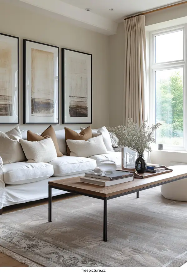 Neutral Colored Living Room With Abstract Art