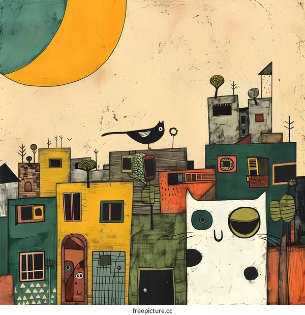 Abstract Cityscape with Cat and Bird Illustration