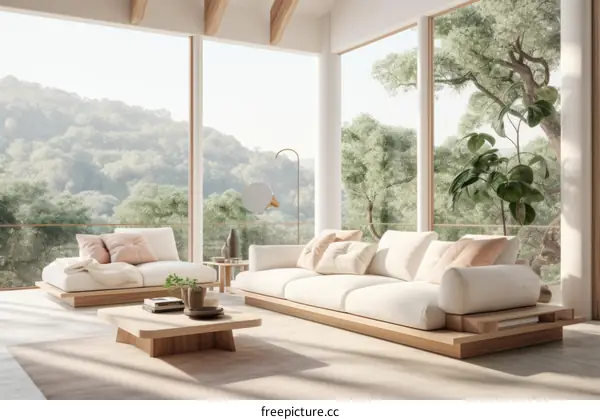 Airy and bright living room with large windows and a view of the forest