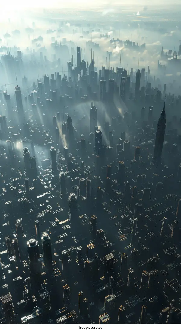 A futuristic cityscape with tall buildings and sunlight