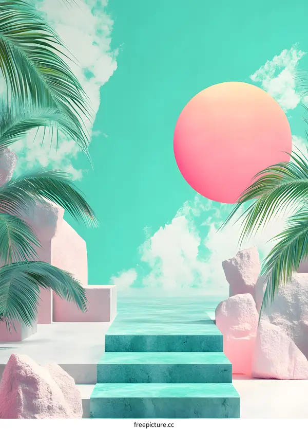 Abstract Minimalist Summer Scene With Turquoise Steps And Pink Rocks