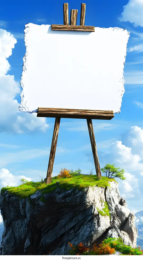 Blank Canvas On Easel Cliff Top Mountain Sky