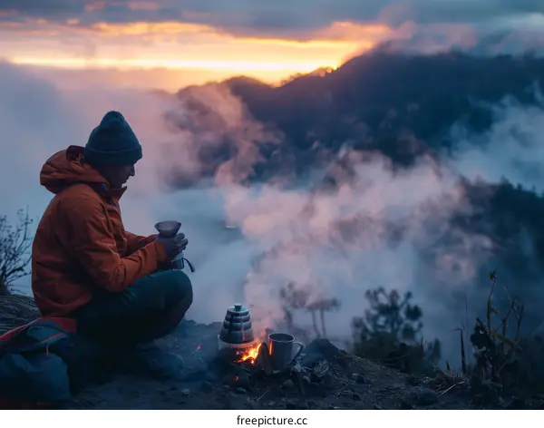 Man making coffee on a mountaintop overlooking a sea of clouds