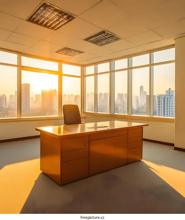 Modern Office Desk with City View and Sunset
