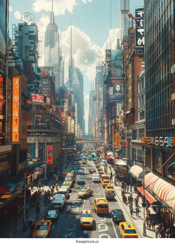 Futuristic City Street with Yellow Taxis and Skyscrapers