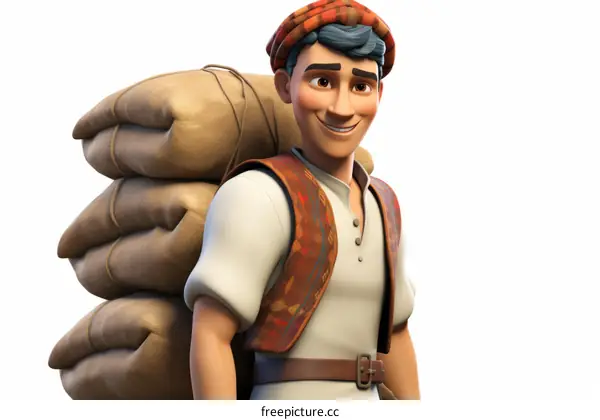 An illustration of a smiling man carrying a sack of grain on his back