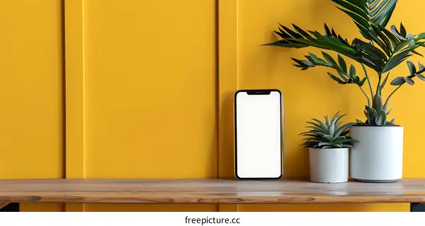 Yellow Wall With Phone and Plants