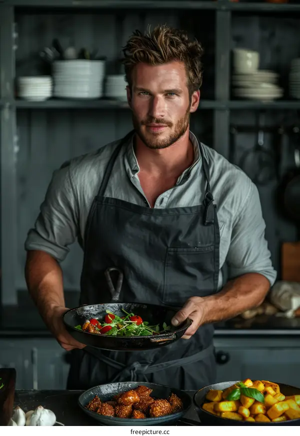 Blue-eyed male chef in apron holding plate of food in kitchen