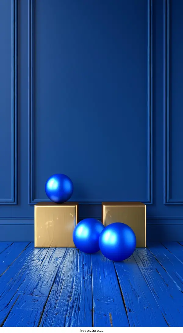 Blue spheres on podiums against blue background