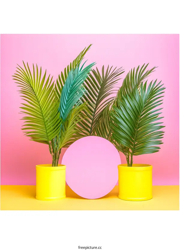 Three Palm Leaves In Yellow Pots On A Pink And Yellow Background