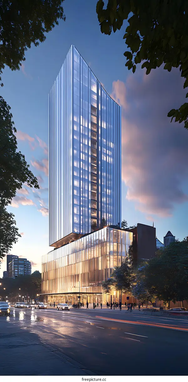 Modern Glass Office Building in City at Dusk