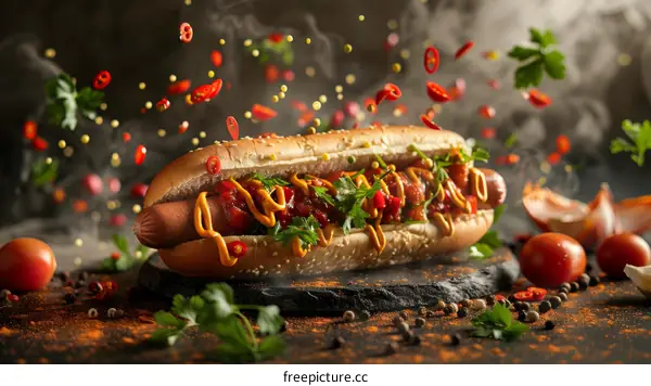 Hotdog with flying ingredients