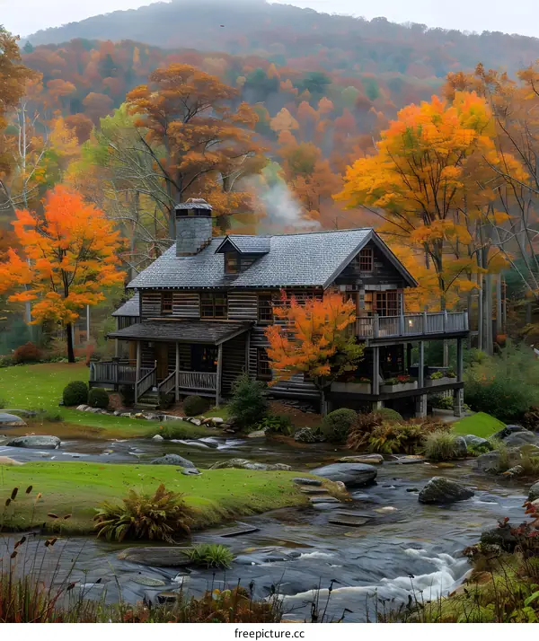 A house in the woods with a beautiful fall landscape