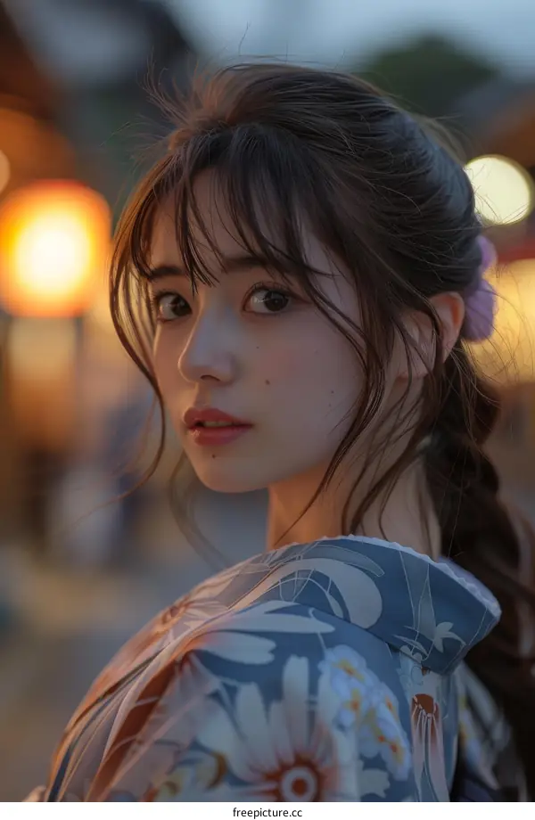 Asian Woman in Traditional Japanese Kimono at Dusk