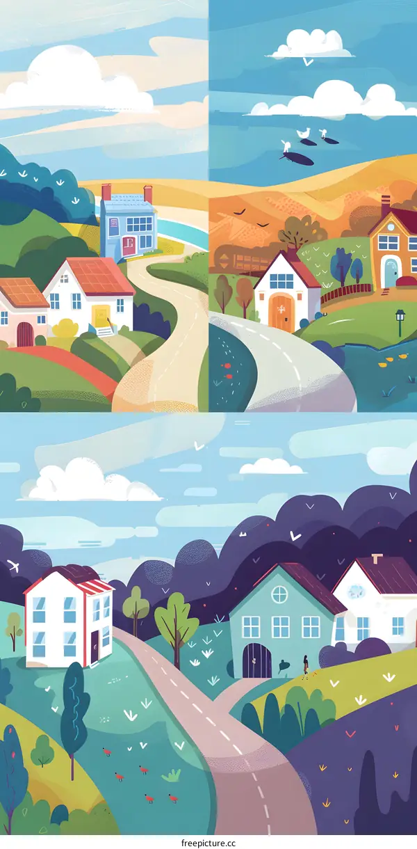 Cartoon Illustration of a Colorful Suburban Neighborhood