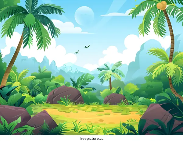 Jungle Landscape With Palm Trees And Rocks