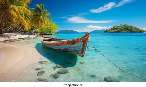 Wooden boat on a tropical beach with palm trees and crystal clear water