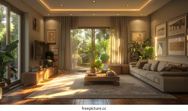 A cozy living room with a large window