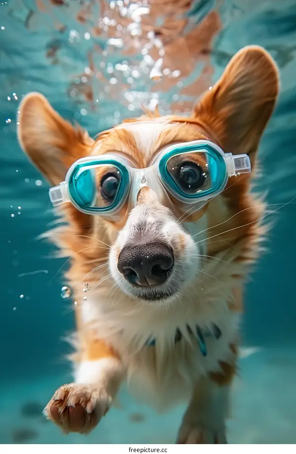A cute corgi dog wearing swimming goggles swims underwater