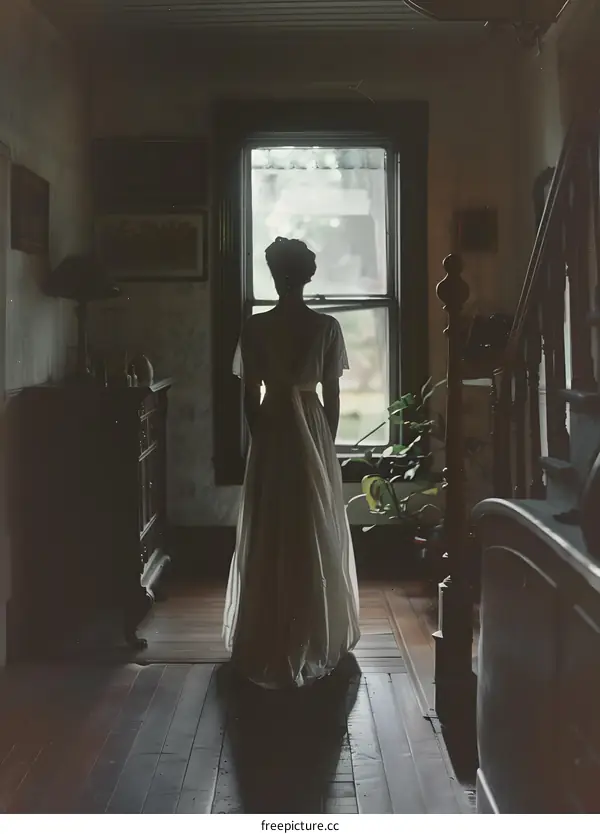 A young woman in a white dress is standing in front of a window, her back to the camera