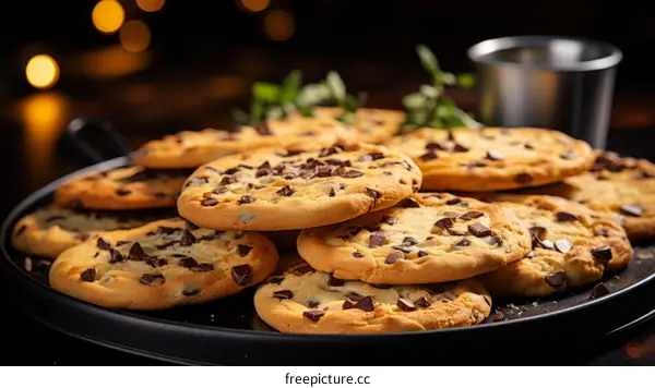 A plate full of chocolate chip cookies
