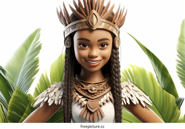 Polynesian Woman with Long Hair, Headdress, and Necklace